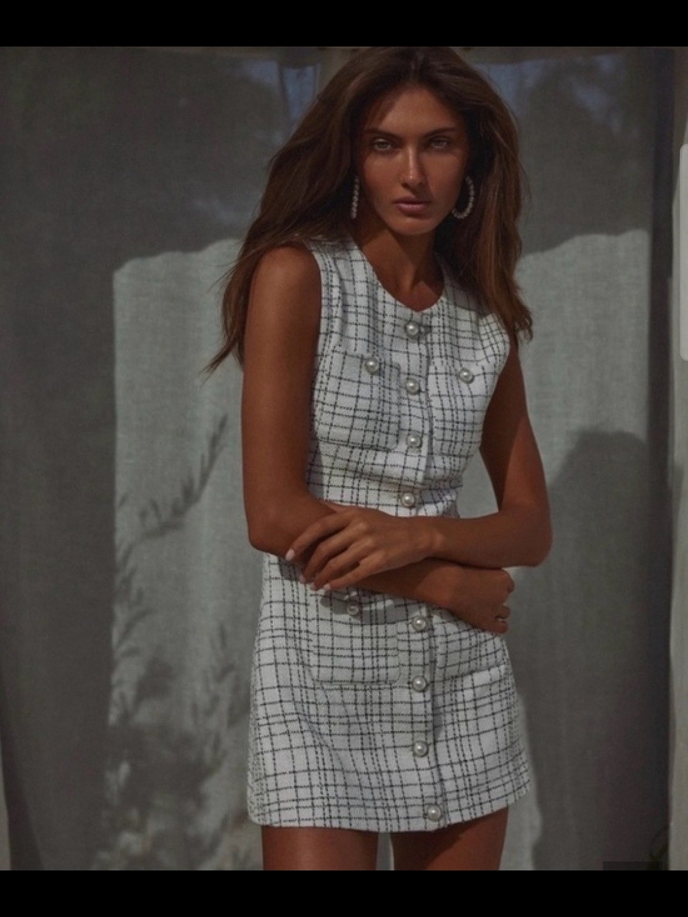 Sleeveless White Plaid Pearl-Button Mini Dress